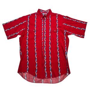 Vintage Wrangler Cowboy Cut Western Shirt Red Aztec Stripe Pattern XL 16